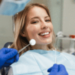 Image of beautiful woman sitting in dental chair while professional doctor fixing her teeth